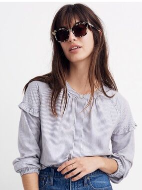 Madewell Collarless Ruffle Sleeve Shirt in Stripe